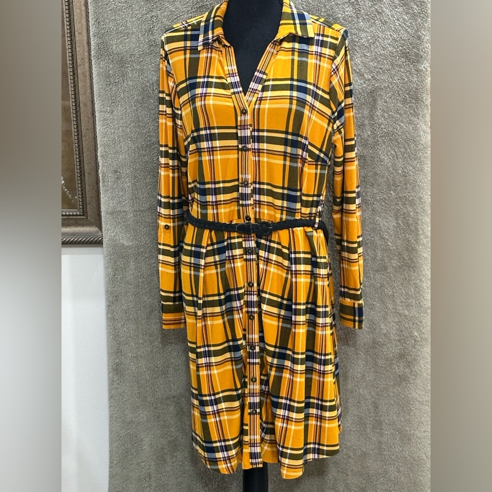 Derek Heart Yellow Plaid Long-Sleeve Shirt Dress